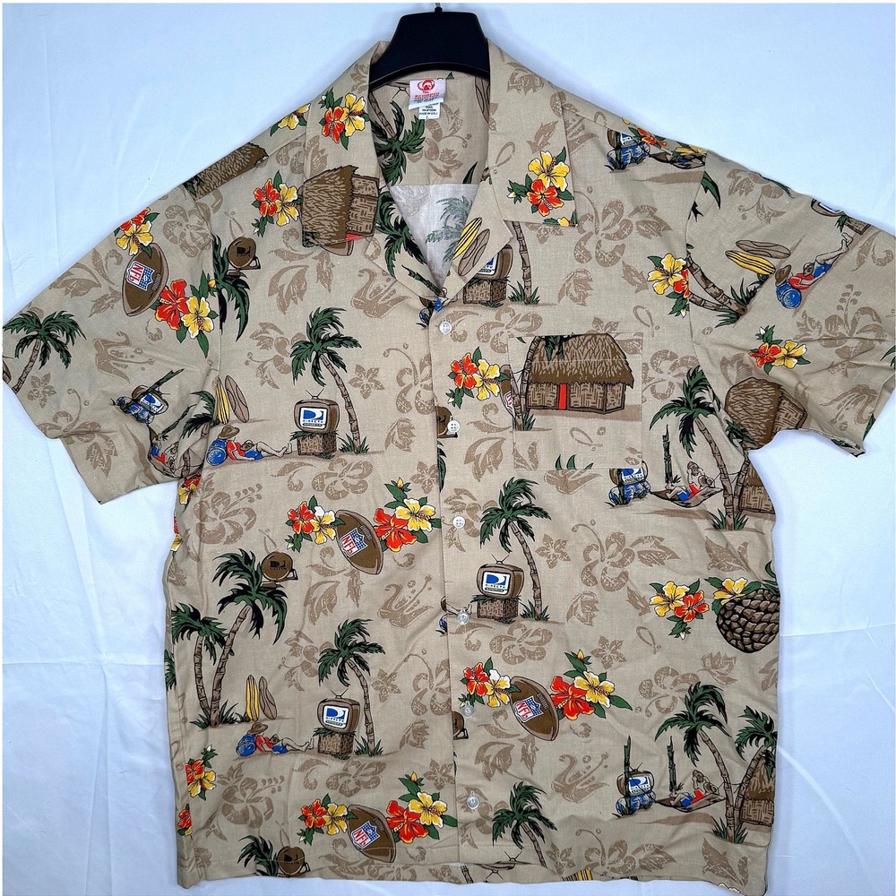 Vintage NFL DirecTV Hawaiian Shirt Mens L Beige Floral Palm‎ Tree Made in USA